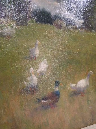 Antique Oil on Canvas 'Geese in a Cottage Garden'