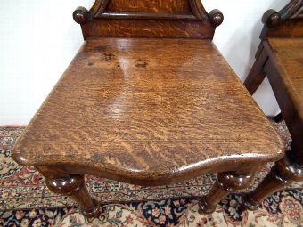 Antique Pair of Victorian Solid Oak Hall Chairs