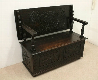 Carved Oak Monks Bench