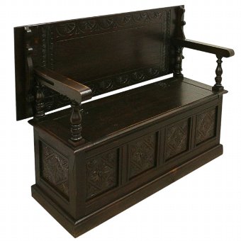 Jacobean Style Carved Oak Monks Bench