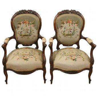 Pair of Mid Victorian Carved Walnut Armchairs