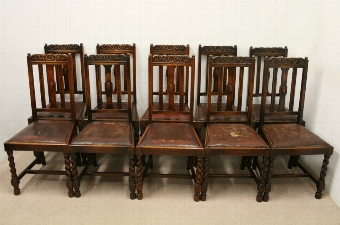 Set of 10 Jacobean Style Oak Dining Chairs