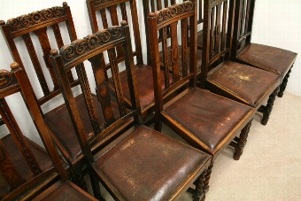 Antique Set of 10 Jacobean Style Oak Dining Chairs