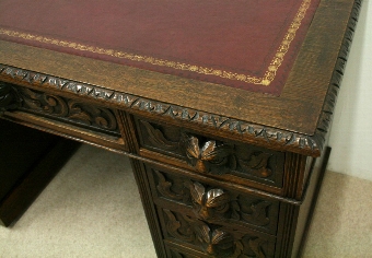 Antique Victorian Carved Oak Kneehole Desk