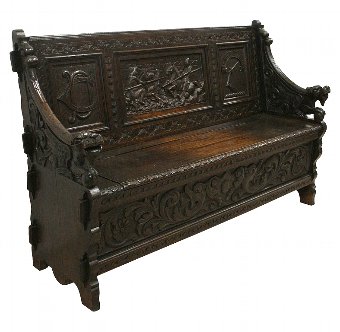 Victorian Carved Oak Hall Settle/Bench