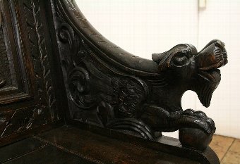 Antique Victorian Carved Oak Hall Settle/Bench