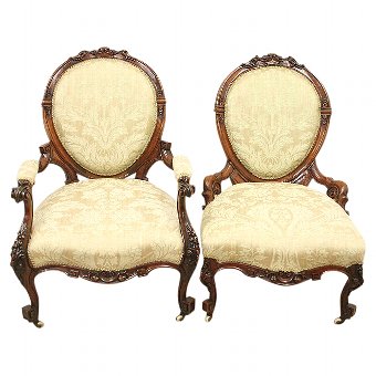 Pair of Mid Victorian Walnut Ladies and Gents Chairs