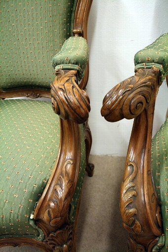 Antique Pair of Louis XVI Style Carved Walnut Armchairs