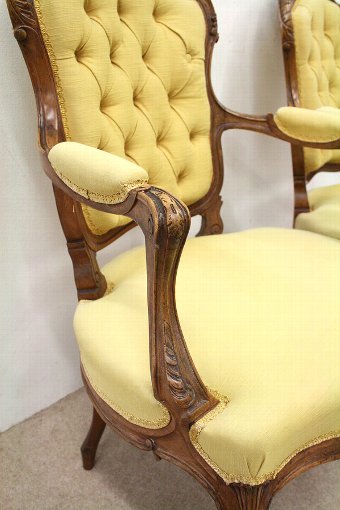 Antique Pair of Carved Walnut French Fauteuil Chairs