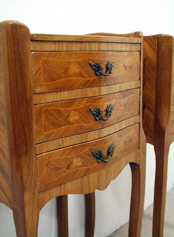 Antique Pair of French Walnut Inlaid Bedside Cabinets