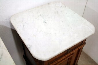 Antique Pair of French Walnut Marble Top Bedside Cabinets