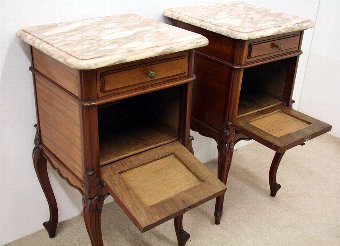 Antique Pair of Walnut Marble Top Bedside Cabinets