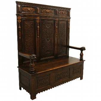 Victorian Carved Oak Monks Bench