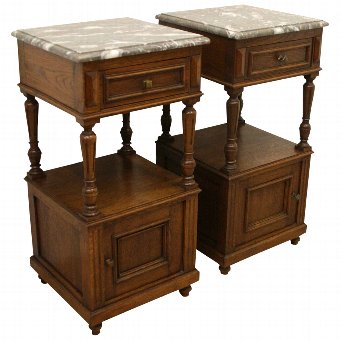 Pair of French Oak and Marble Top Bedside Cabinets