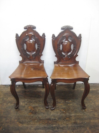 Antique Pair of Mid Victorian Mahogany Hall Chairs