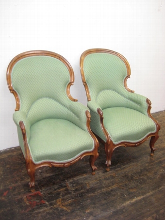 Pair Victorian Walnut Gents Arm Chairs