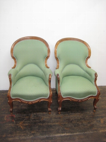 Antique Pair Victorian Walnut Gents Arm Chairs