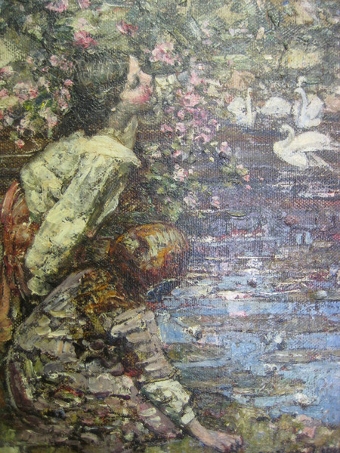 Antique Hornel Painting, Two Girls by a Lily Pond 