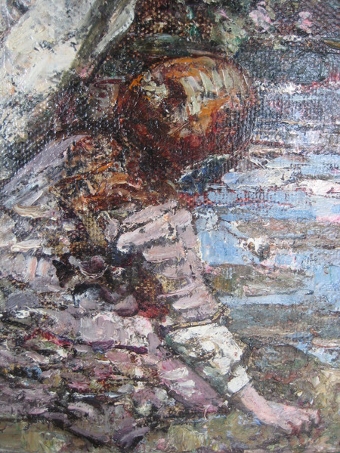 Antique Hornel Painting, Two Girls by a Lily Pond 