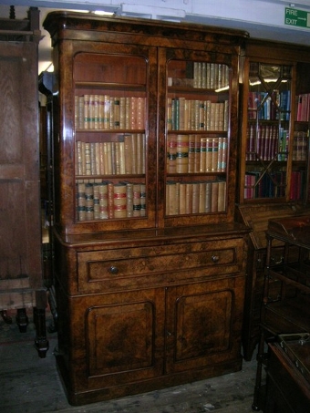 Mid Victorian Burr Walnut Secretaire Bookcase