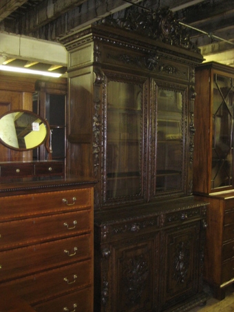 Flemish Carved Oak Cabinet Bookcase