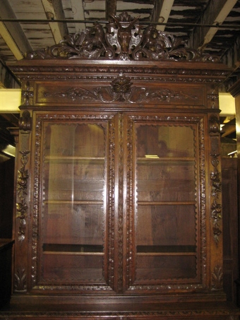 Antique Flemish Carved Oak Cabinet Bookcase