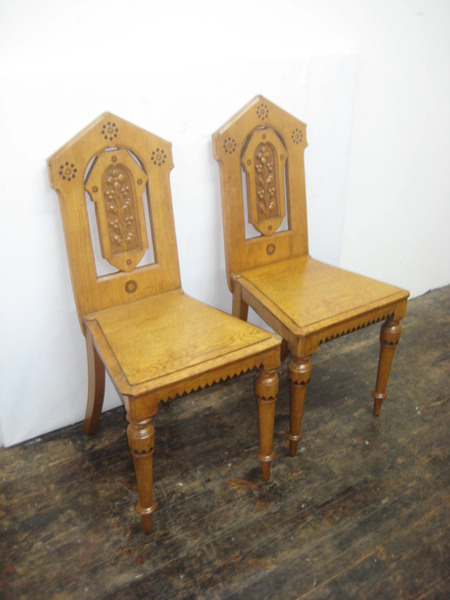 Pair of Mid Victorian Arts and Crafts Oak Hall Chairs