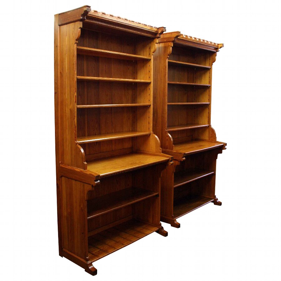 Pair of Gothic Revival Pitch Pine Open Bookcases