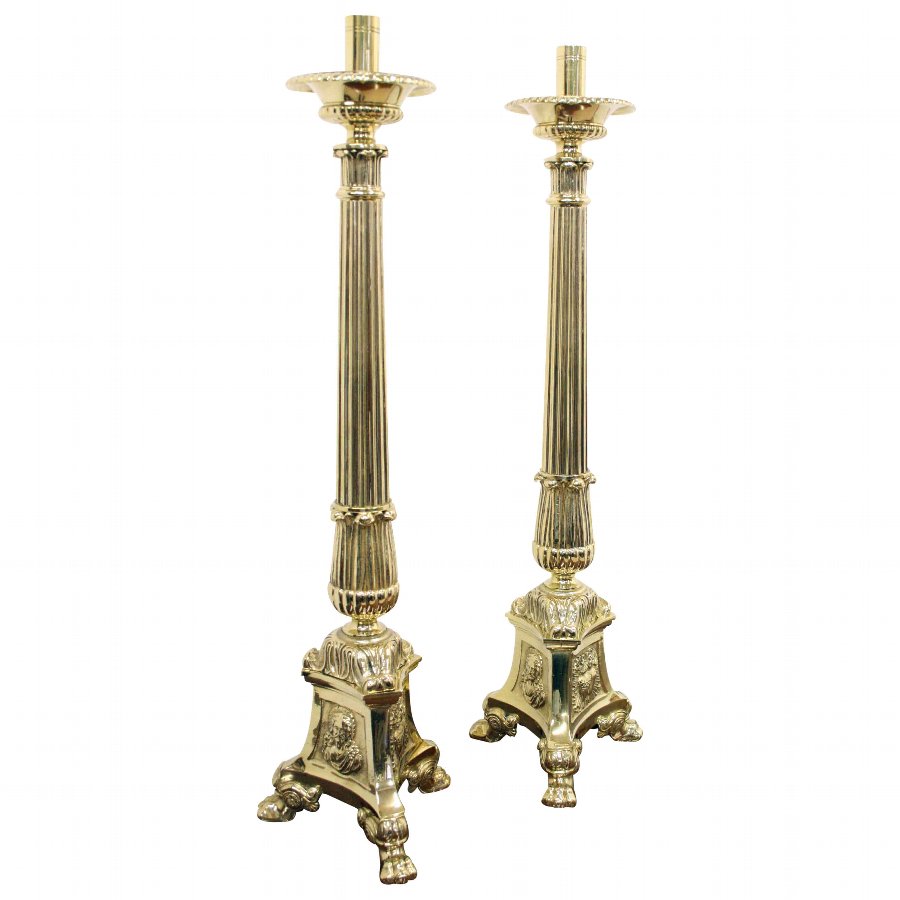 Antique Large Pair of Ecclesiastical Brass Candlesticks