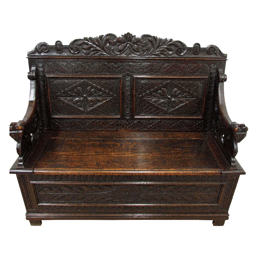 Antique Jacobean Style Carved Oak Hall Bench