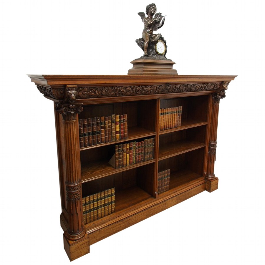 Walnut and Burr Walnut Carved Open Bookcase