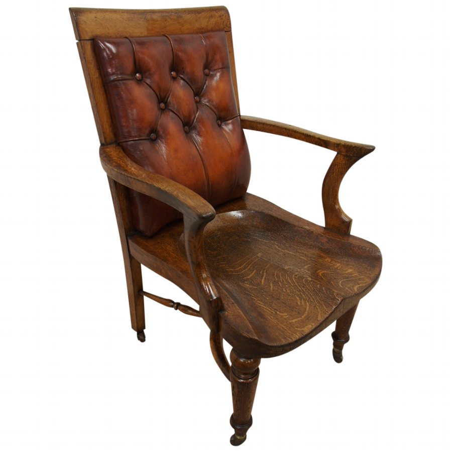 oak and leather button back library chair