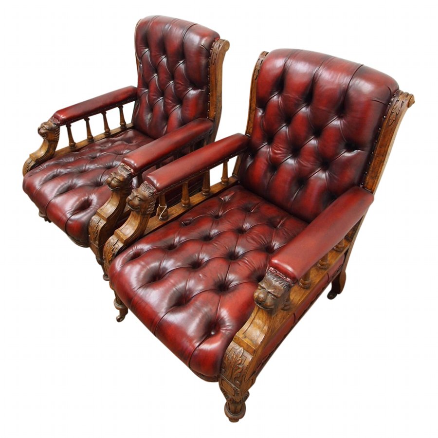 Pair of Oak Library Chairs in Maroon Leather