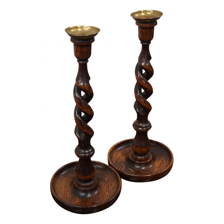 Antique Pair of Oak and Barley Sugar Candle Sticks