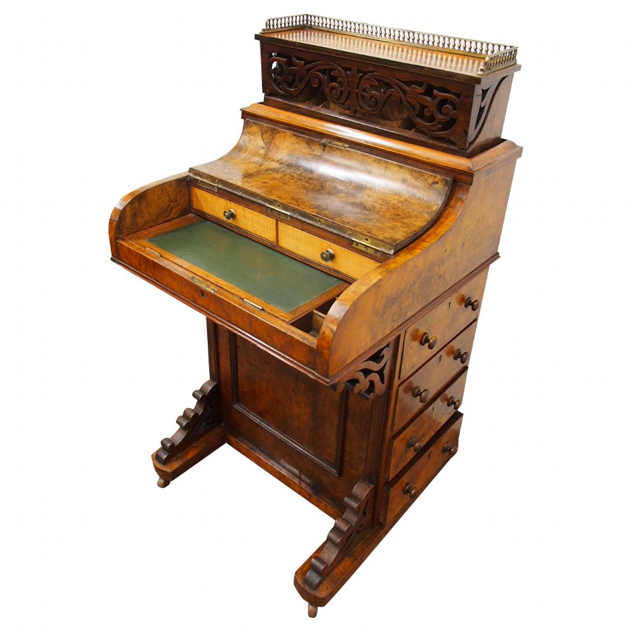 Antique Mid Victorian Burr Walnut Piano Top Davenport Desk