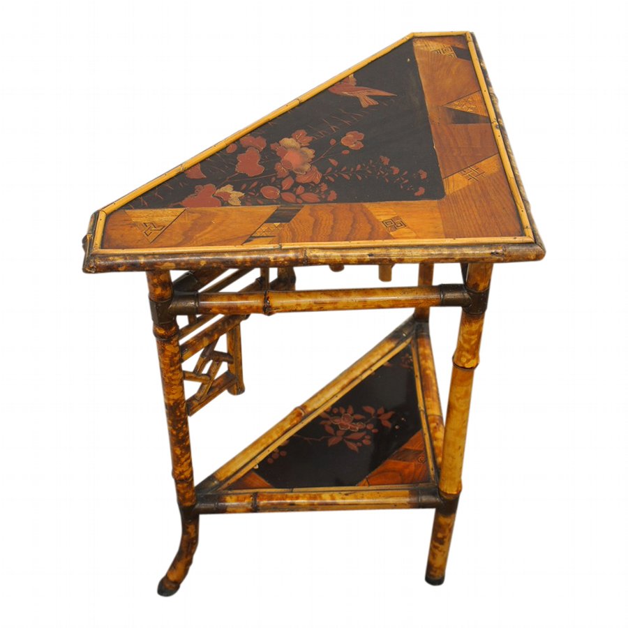 Antique Unusual Japanese Bamboo Inlaid And Lacquered Corner Table