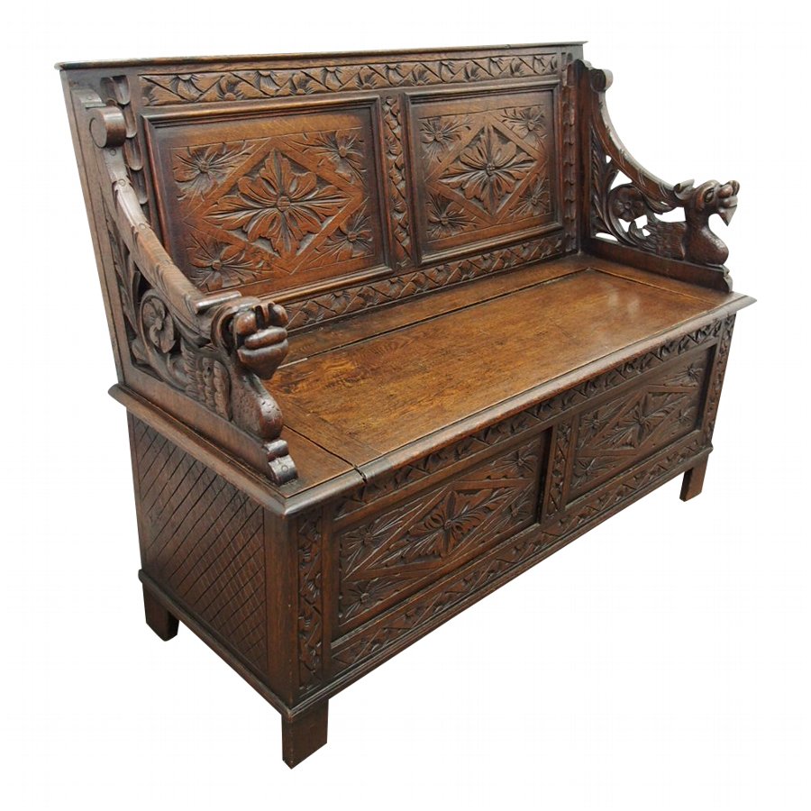 Victorian Oak Carved Hall Bench