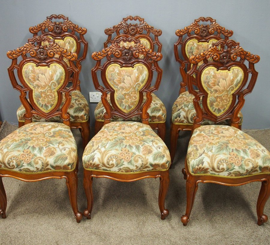Antique Set of 8 Carved Walnut Dining Chairs