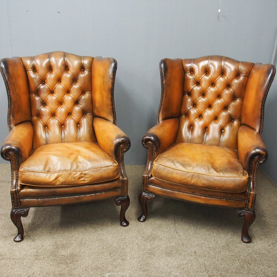  Pair of Georgian Style, Tan Leather Wing Chairs