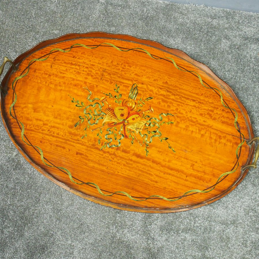 Antique Late Victorian Satinwood Hand Painted Tray