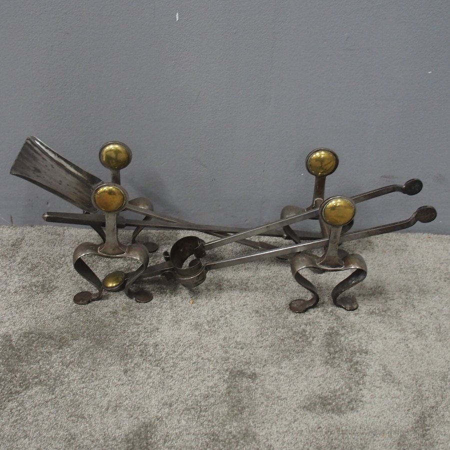 Set of Scottish Art Nouveau Steel and Brass Fire Irons