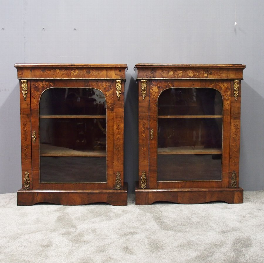 Pair of 19th Century Marquetry Inlaid Walnut Pier Cabinets