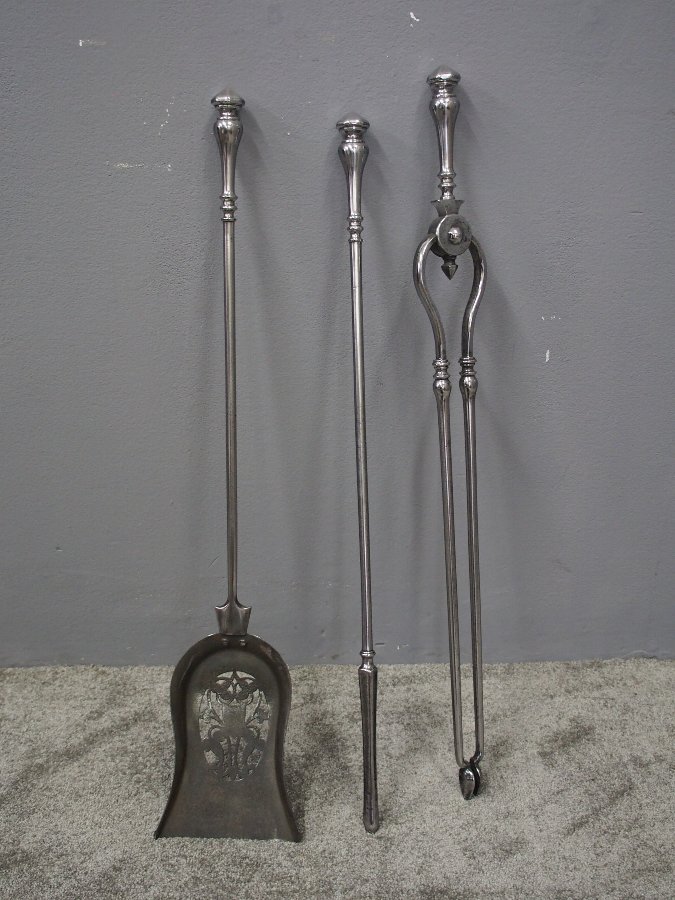 Antique Set of Polished Steel Fire Tools | ANTIQUES.CO.UK