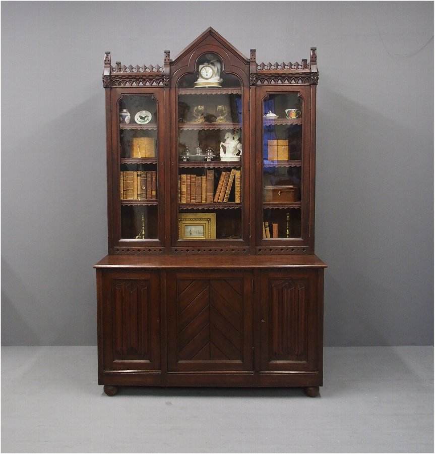 Antique Gothic Scottish Pitch Pine Cabinet Bookcase 