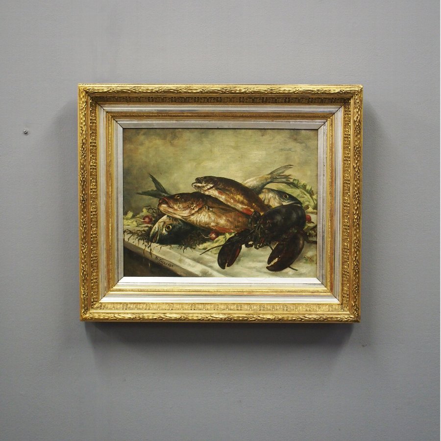 Antique Dutch Oil Painting of Fish and Lobster by W. Voorendt