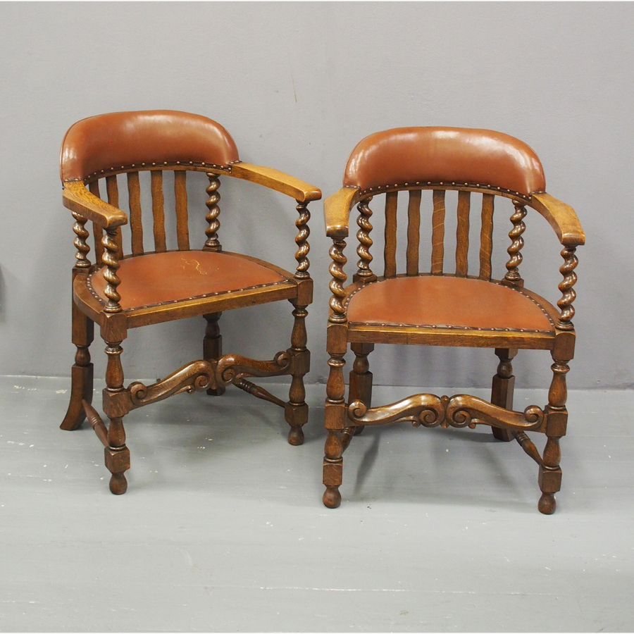 Antique Pair of Oak and Leather Captains Chairs