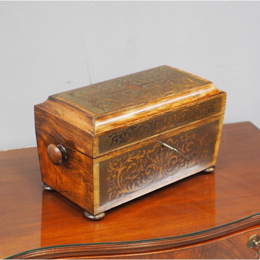 Antique Brass Inlaid Rosewood Tea Caddy
