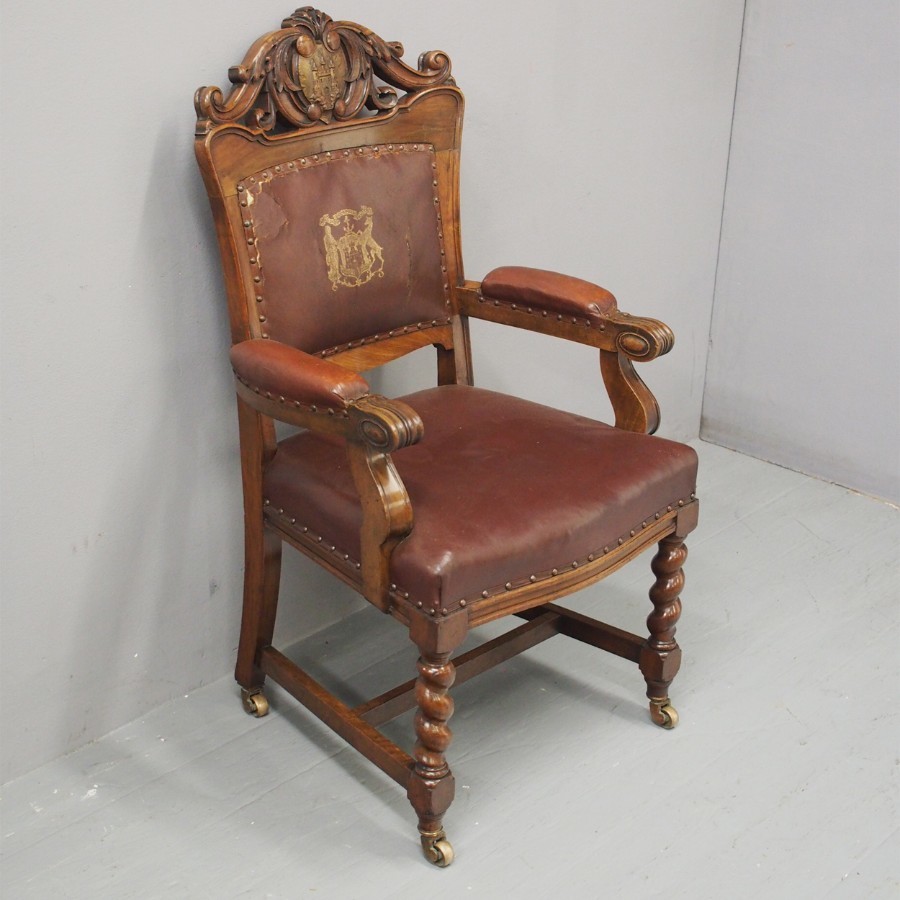 Antique Victorian Carved Walnut Throne or Hall Chair