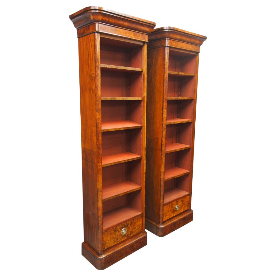 Pair of Victorian Tall Burr Walnut Open Bookcases