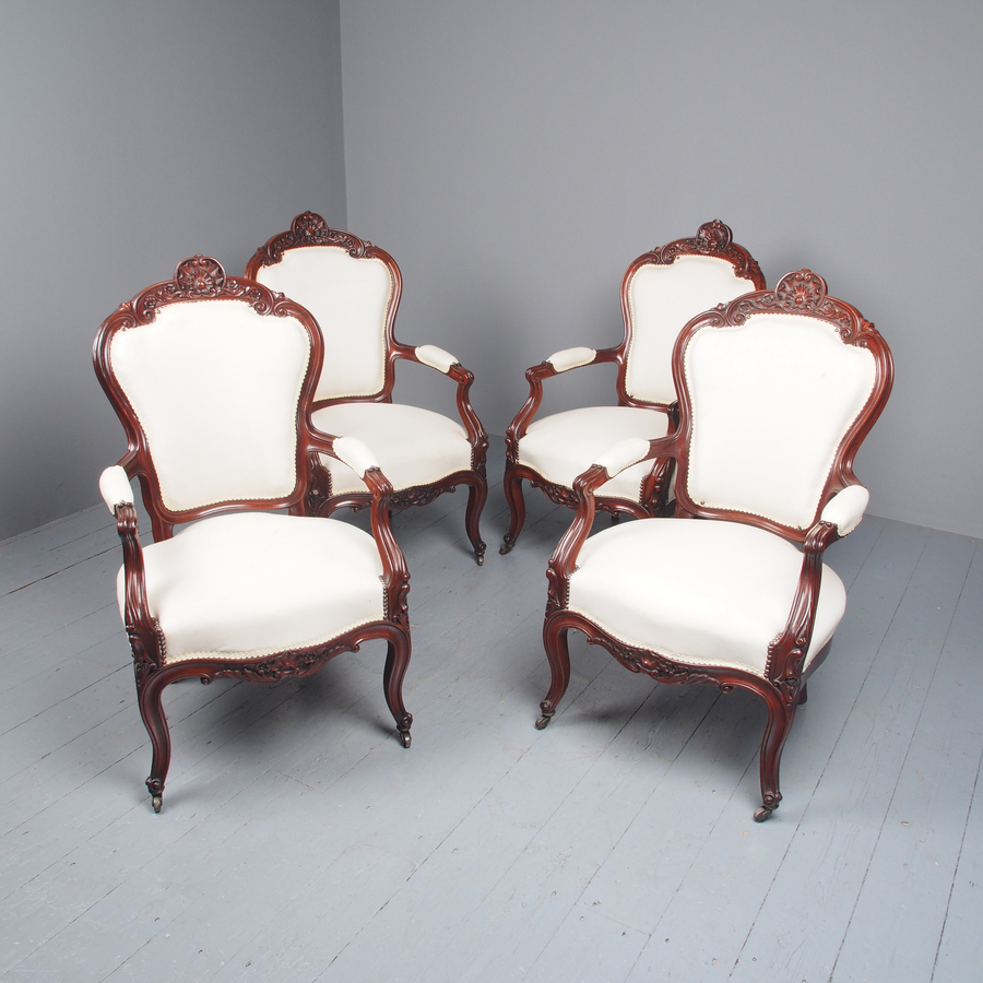 Antique Antique Set of 4 Carved Mahogany Armchairs